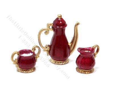 (image for) Miniature Georgian Style 3 Piece Coffee/Tea Set for Dollhouses - Red & Gold