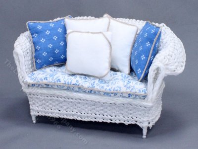 (image for) Miniature Blue Floral and White Wicker Sofa for Dollhouses