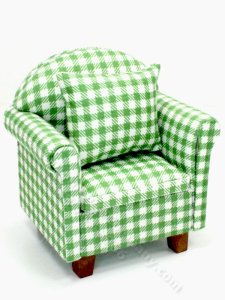 (image for) Miniature Green/White Checked Chair w/Pillow for Dollhouses