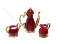 (image for) Miniature Georgian Style 3 Piece Coffee/Tea Set for Dollhouses - Red & Gold