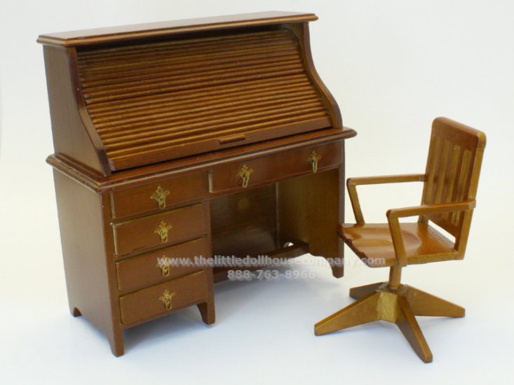 (image for) Miniature Walnut Finish Rolltop Desk & Chair for Dollhouses