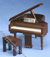 (image for) Miniature Walnut Grand Piano w/Bench for Dollhouses