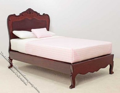 (image for) Miniature Mahogany Bed with Pink Gingham Sheet for Dollhouses
