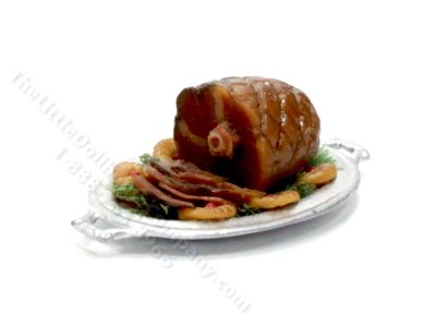 (image for) Vintage Miniature Ham on Silver Platter for Dollhouses