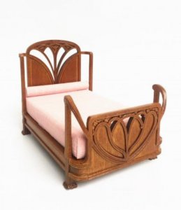 (image for) Miniature Walnut Art Nouveau Bed W/Pink Mattress