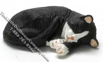 (image for) Dollhouse Scale Model Sleeping Black with White Socks Cat