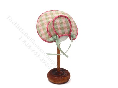 (image for) Miniature Pink & Green Gingham Bonnet Hat w/ Green Ribbons by Judith Blondell