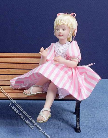 (image for) Girl with Blonde Curly Hair in Pink Striped Dress for Dollhouses