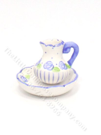 (image for) Miniature Ceramic Blue Rose Pitcher and Wash Bowl