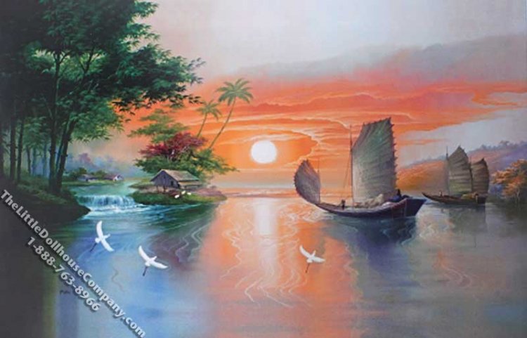 (image for) Asian Waterfront Scene Miniature Mural for Dollhouses