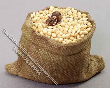 (image for) Miniature Bag of Seed with Mouse Snacking for Dollhouses