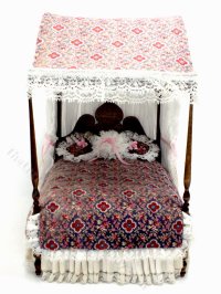(image for) Vintage Miniature Dressed Walnut Canopy Bed for Dollhouses