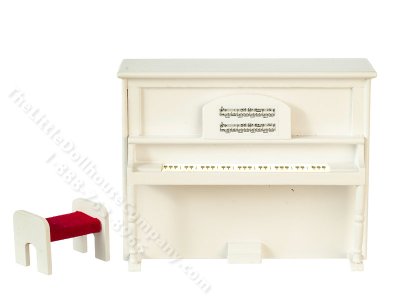 (image for) Miniature White Upright Piano with Music & Bench for Dollhouses