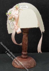 (image for) Miniature White Bonnet w/Pink Ribbon Strap for Dollhouses