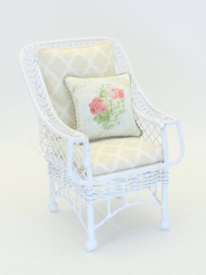 (image for) Miniature White Metal Chair with Beige Cushions for Dollhouses