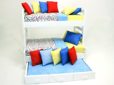 (image for) Miniature Modern Bunk Bed Dressed in Rainbow Polka Dot Bedding