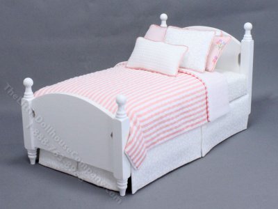 (image for) Miniature White Bed Dressed in Pink and Grey Bedding