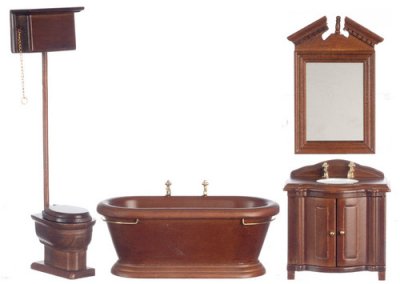 (image for) Miniature 4pc Old Fashioned Walnut Bathroom Set for Dollhouses