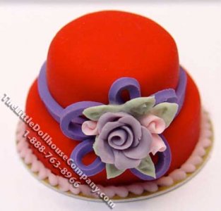 (image for) Dollhouse Scale Model Red Hat Cake with Flowers & Ribbon