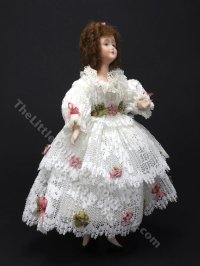 (image for) Vintage Miniature Victorian Lady in White Lace Dress with Green and Pink Bows