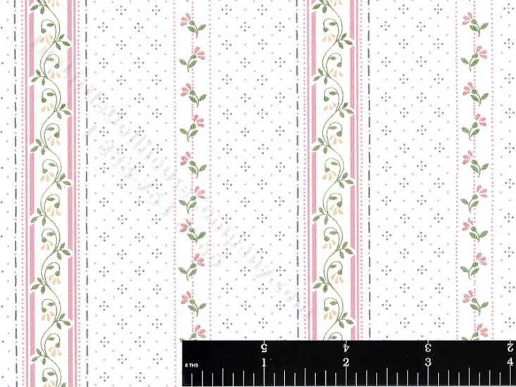 (image for) Pink and Green Floral Stripe Miniature Wallpaper for Dollhouses
