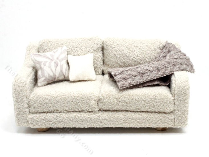 (image for) Miniature Beige Fleece Sofa and Blanket for Dollhouses