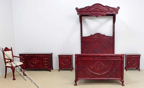 (image for) Miniature 5 Piece Mahogany Bedroom Set for Dollhouses