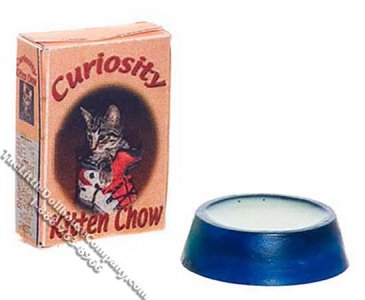 (image for) Dollhouse Scale Model Box of Cat Food & Bowl of Milk