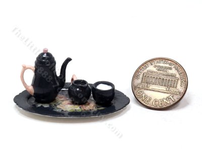 (image for) Miniature 4 Piece Coffee Set for Dollhouses - Black & Pink