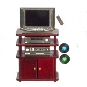 (image for) Miniature Mahogany Entertainment Center with TV for Dollhouses