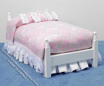 (image for) Miniature White Wooden Decorated Bed for Dollhouses