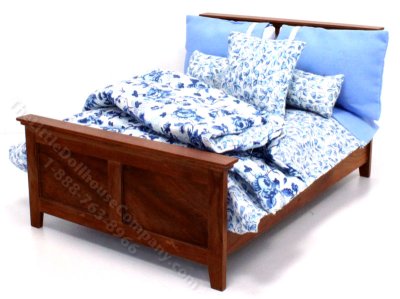 (image for) Miniature Walnut Bed with Blue Floral Bedding for Dollhouses