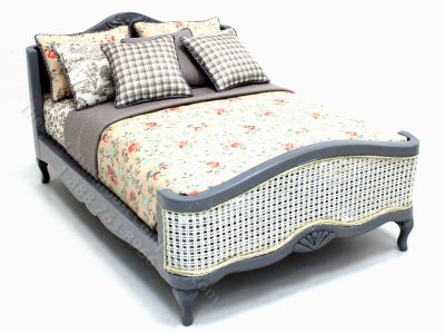 (image for) Miniature Gray Cane Bed Dressed in Peach Floral and Grey Bedding