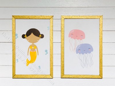 (image for) Miniature Pair Framed Mermaid and Jellyfish Board Prints