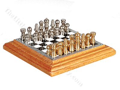 (image for) Miniature Metal Chess Set And Board For Dollhouses - Oak Finish