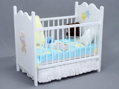 (image for) Miniature Teddy Crib with Blue and Yellow Bedding for Dollhouses