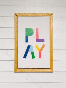 (image for) Miniature Colourful 'PLAY' Rectangular Framed Print on Wood