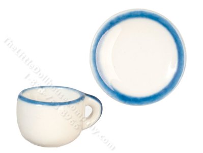 (image for) Miniature White Ceramic Tea Cup and Saucer with Blue Stripe