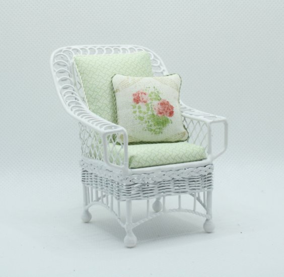 (image for) Miniature Metal White Chair w/Green Cushions for Dollhouses