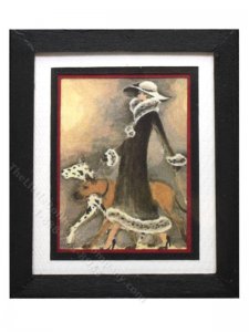 (image for) Miniature Framed Print of Woman in Fur Coat Walking Dogs
