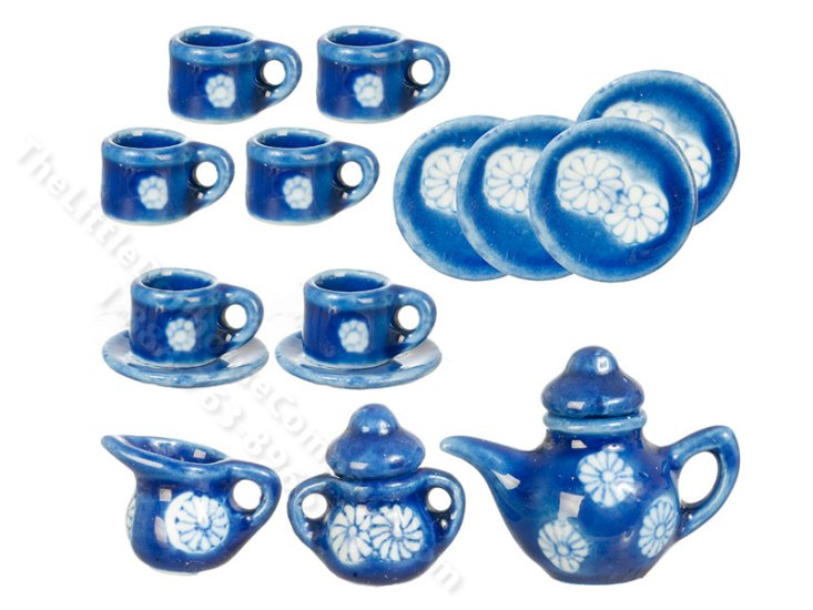 (image for) Miniature 17pc Porcelain Tea Set for Dollhouses - Blue