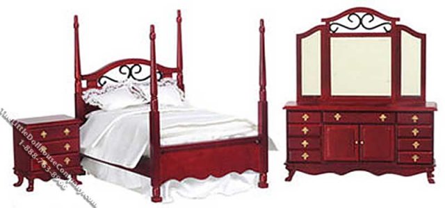 (image for) Miniature Mahogany Four Poster bedroom Set for Dollhouses