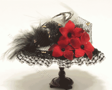 (image for) Miniature White and Black Straw Hat with Feathers and Flowers