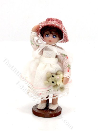 (image for) Miniature Girl in Straw Hat with Bear for Dollhouses