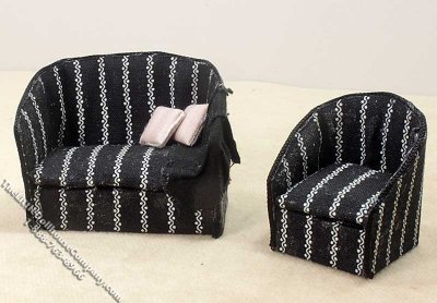 (image for) 1/2" Scale Black & White Striped Sofa & Chair Set for Dollhouses