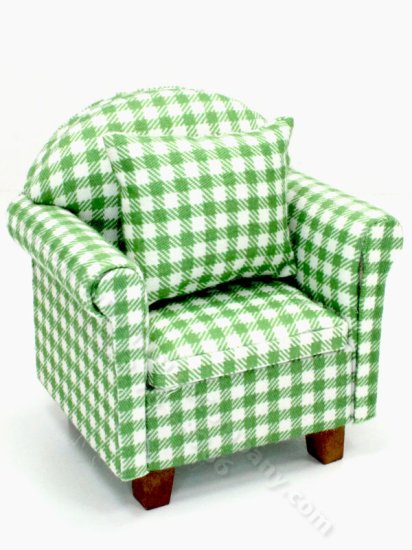 (image for) Miniature Green/White Checked Chair w/Pillow for Dollhouses
