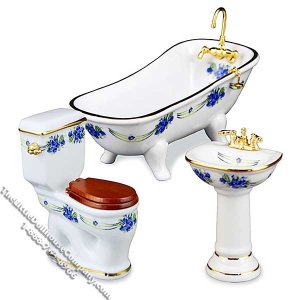 (image for) Miniature 3 piece Blue Rose Pattern Bathroom Set for Dollhouses