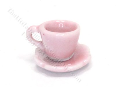 (image for) Miniature Pink Glazed Tea Cup and Flower Saucer