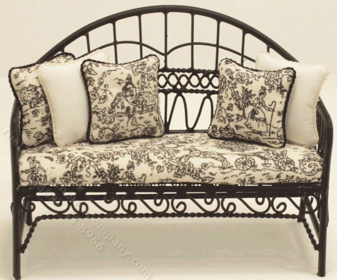 (image for) Wrought Iron Patio Bench with Black and Cream Toile Covering