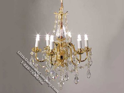 (image for) Miniature Battery Operated 6-Arm Brass Crystal Column Chandelier with Wand